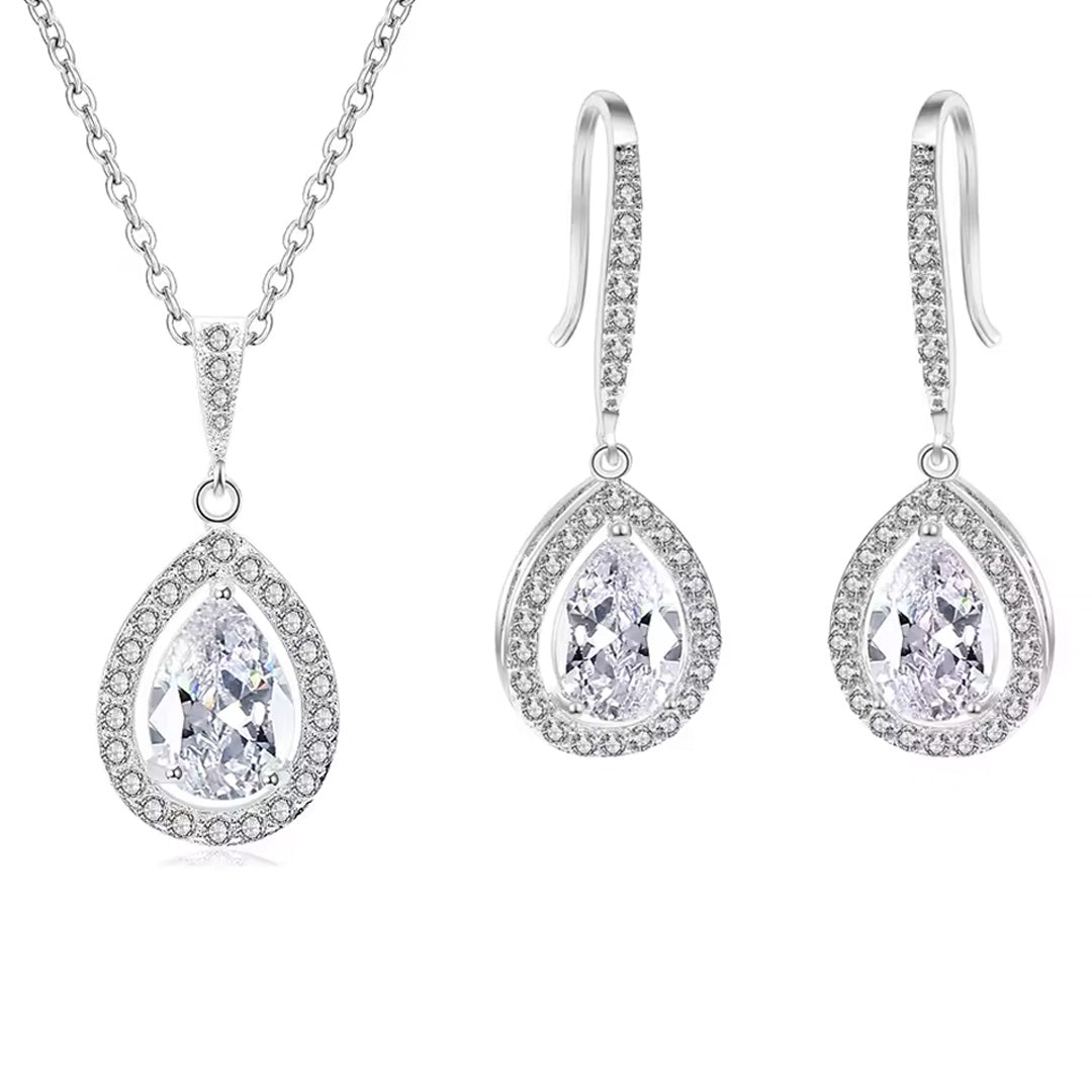 Women Elegant Waterdrop Rhinestone Pendant Necklace & Hook Earrings Jewelry Set of 3
