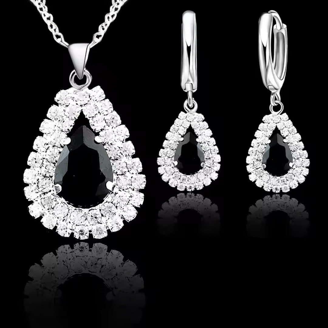 Women Elegant Waterdrop Rhinestone Pendant Necklace & Hook Earrings Jewelry Set of 3
