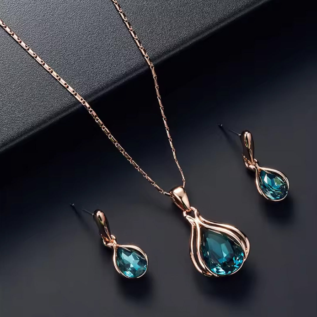 Women Elegant Waterdrop Rhinestone Pendant Necklace & Hook Earrings Jewelry Set of 3 pcs #3