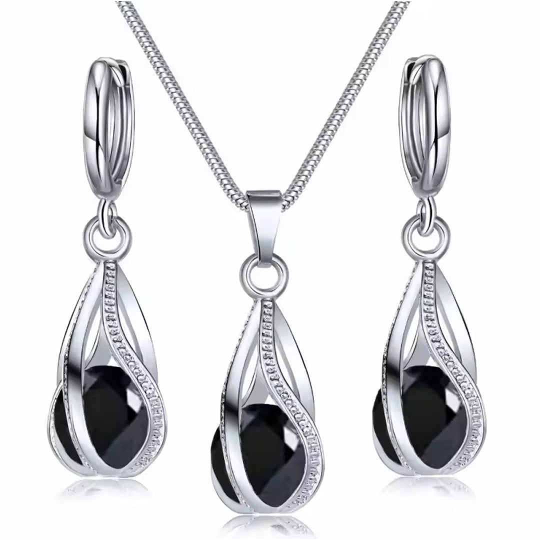 Women Elegant Waterdrop Rhinestone Pendant Necklace & Hook Earrings Jewelry Set of 3 pc