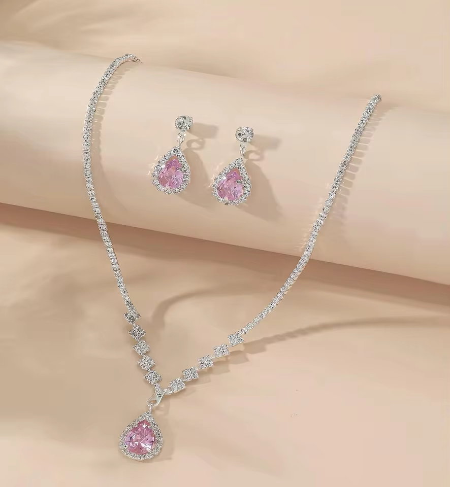 Women Elegant Waterdrop Rhinestone Pendant Necklace & Hook Earrings Jewelry Set of 3