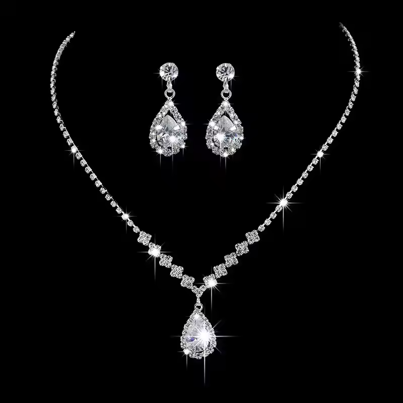Women Elegant Waterdrop Rhinestone Pendant Necklace & Hook Earrings Jewelry Set of 3