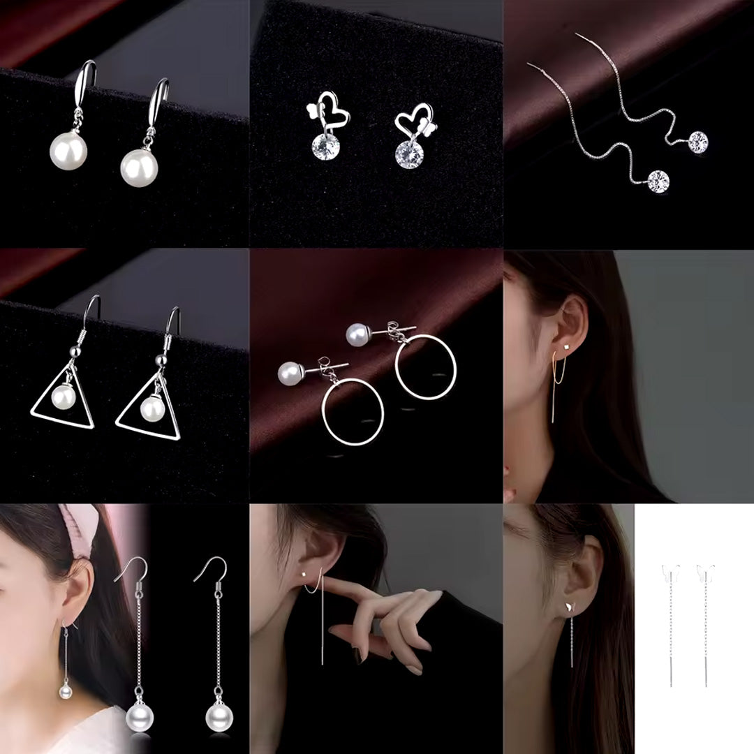 Silver Stud High Quality Women Earring Accessories for party pack of 9 pairs