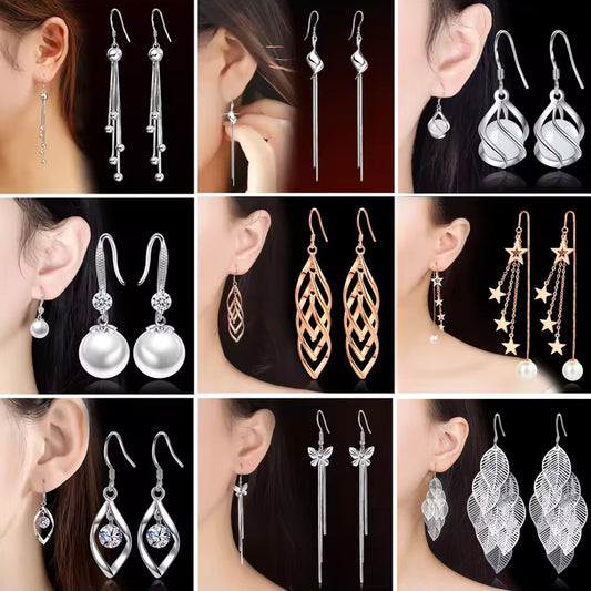 Silver Color Simple Round Bling CZ Zircon Stone Stud Korean Earrings for Women pack of 9 pairs