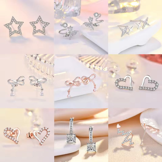 Silver Heart AAA Zircon Stud Earrings Accessories For Women Pack of 9 Pairs