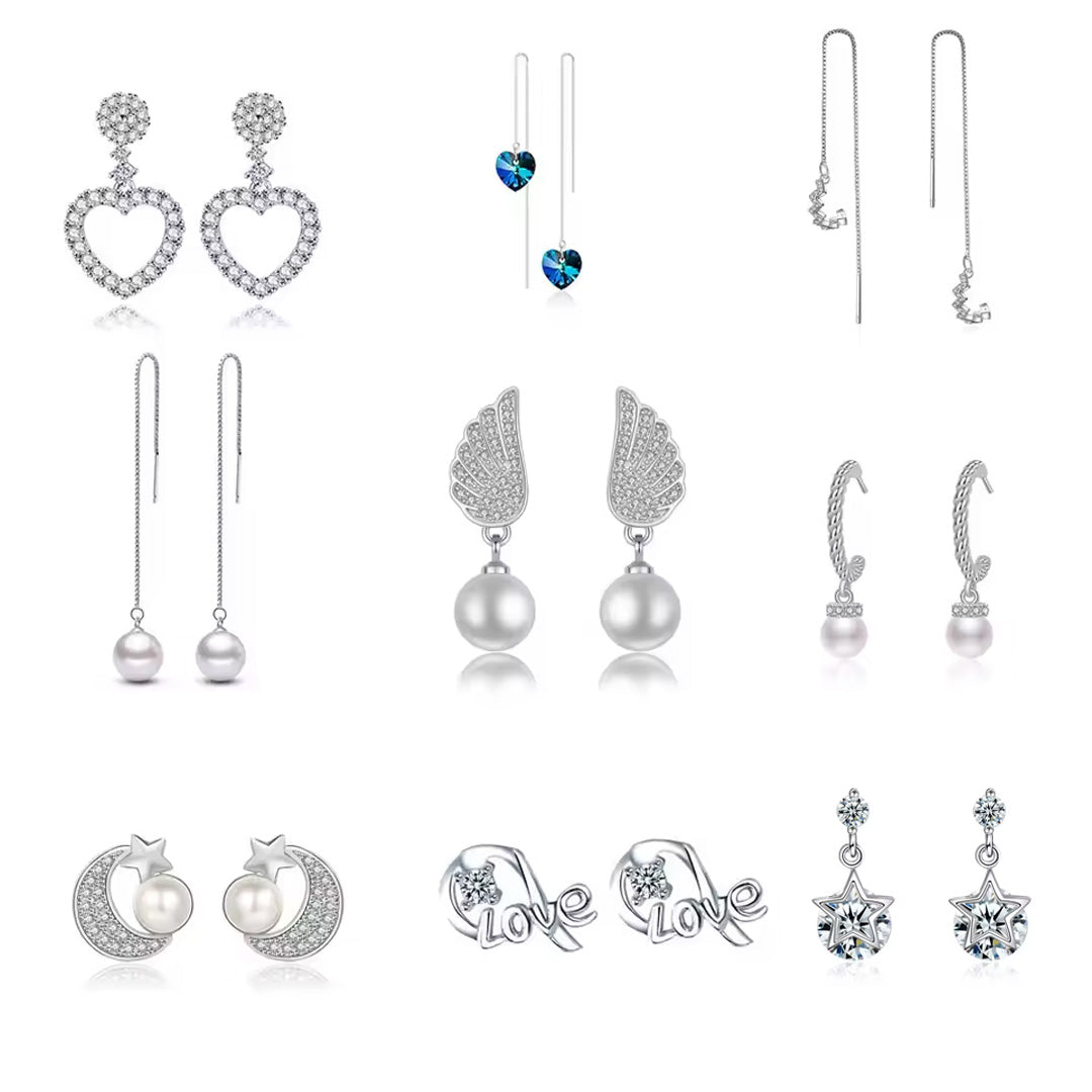 Silver Flowers Zircon Stud Earrings Accessories For Women Pack of 9 Pairs