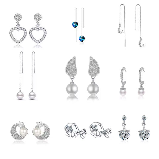 Silver Flowers Zircon Stud Earrings Accessories For Women Pack of 9 Pairs