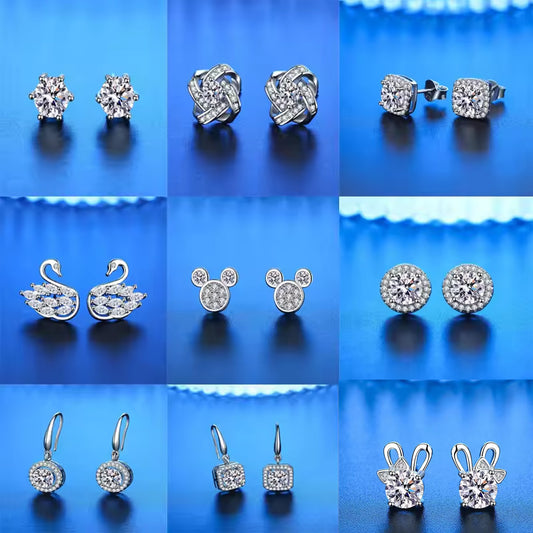Silver Stud zircon Diamond Look Earrings For Women Jewelry Accessories Pack of 9 Pairs