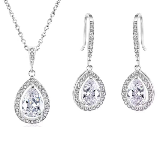 Women Elegant Waterdrop Rhinestone Pendant Necklace & Hook Earrings Jewelry Set of 3