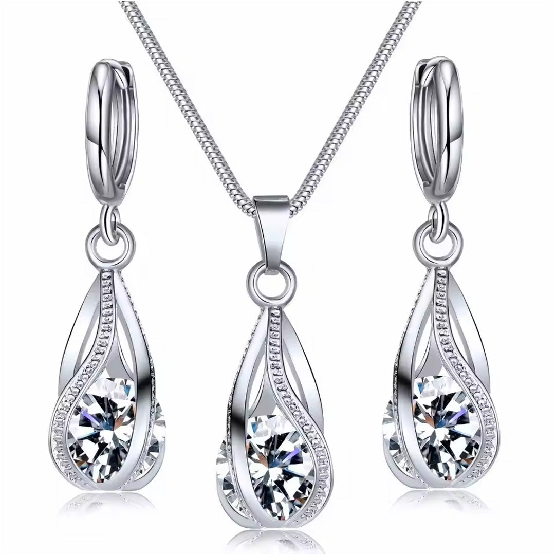Women Elegant Waterdrop Rhinestone Pendant Necklace & Hook Earrings Jewelry Set of 3