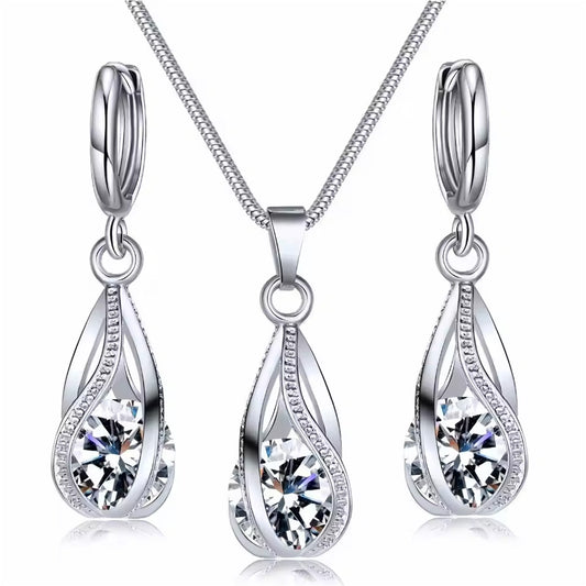 Women Elegant Waterdrop Rhinestone Pendant Necklace & Hook Earrings Jewelry Set of 3