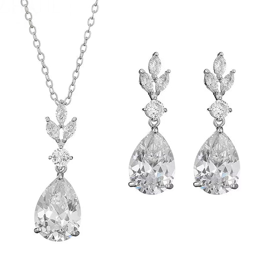 Women Elegant Waterdrop Rhinestone Pendant Necklace & Hook Earrings Jewelry Set of 3