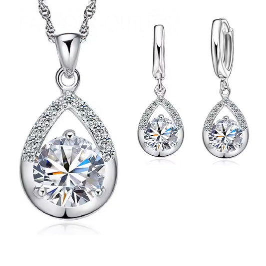 Women Elegant Waterdrop Rhinestone Pendant Necklace & Hook Earrings Jewelry Set of 3