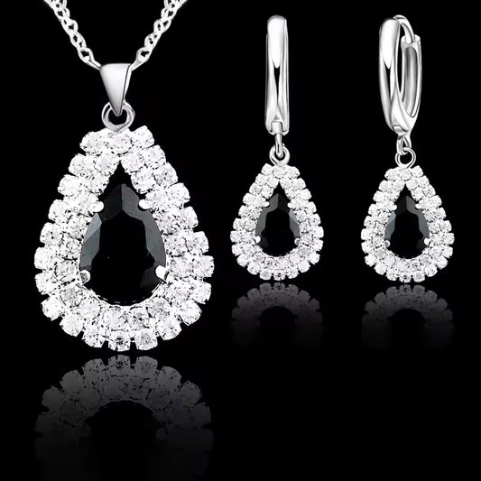 Women Elegant Waterdrop Rhinestone Pendant Necklace & Hook Earrings Jewelry Set of 3