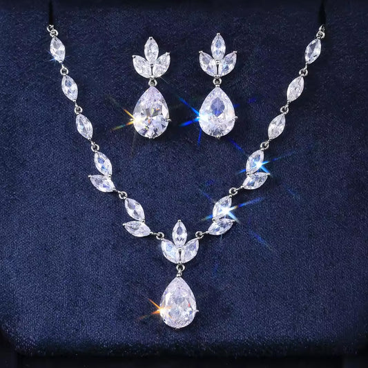 Women Elegant Waterdrop Rhinestone Pendant Necklace & Hook Earrings Jewelry Set of 3