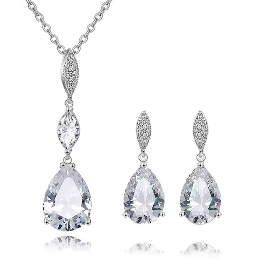 Women Elegant Waterdrop Rhinestone Pendant Necklace & Hook Earrings Jewelry Set of 3