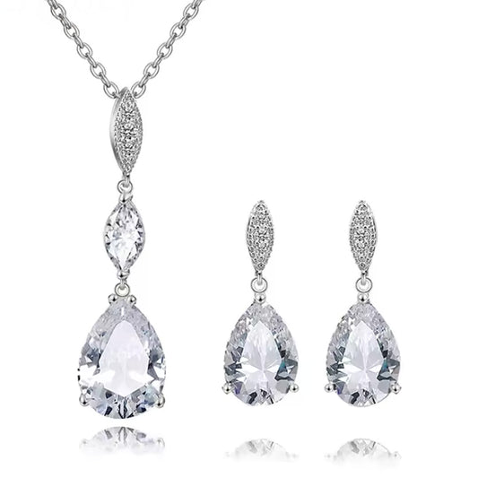 Women Elegant Waterdrop Rhinestone Pendant Necklace & Hook Earrings Jewelry Set of 3