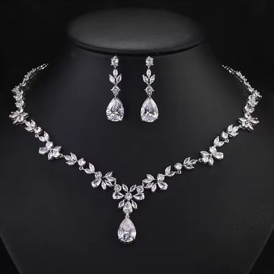 Women Elegant Waterdrop Rhinestone Pendant Necklace & Hook Earrings Jewelry Set of 3