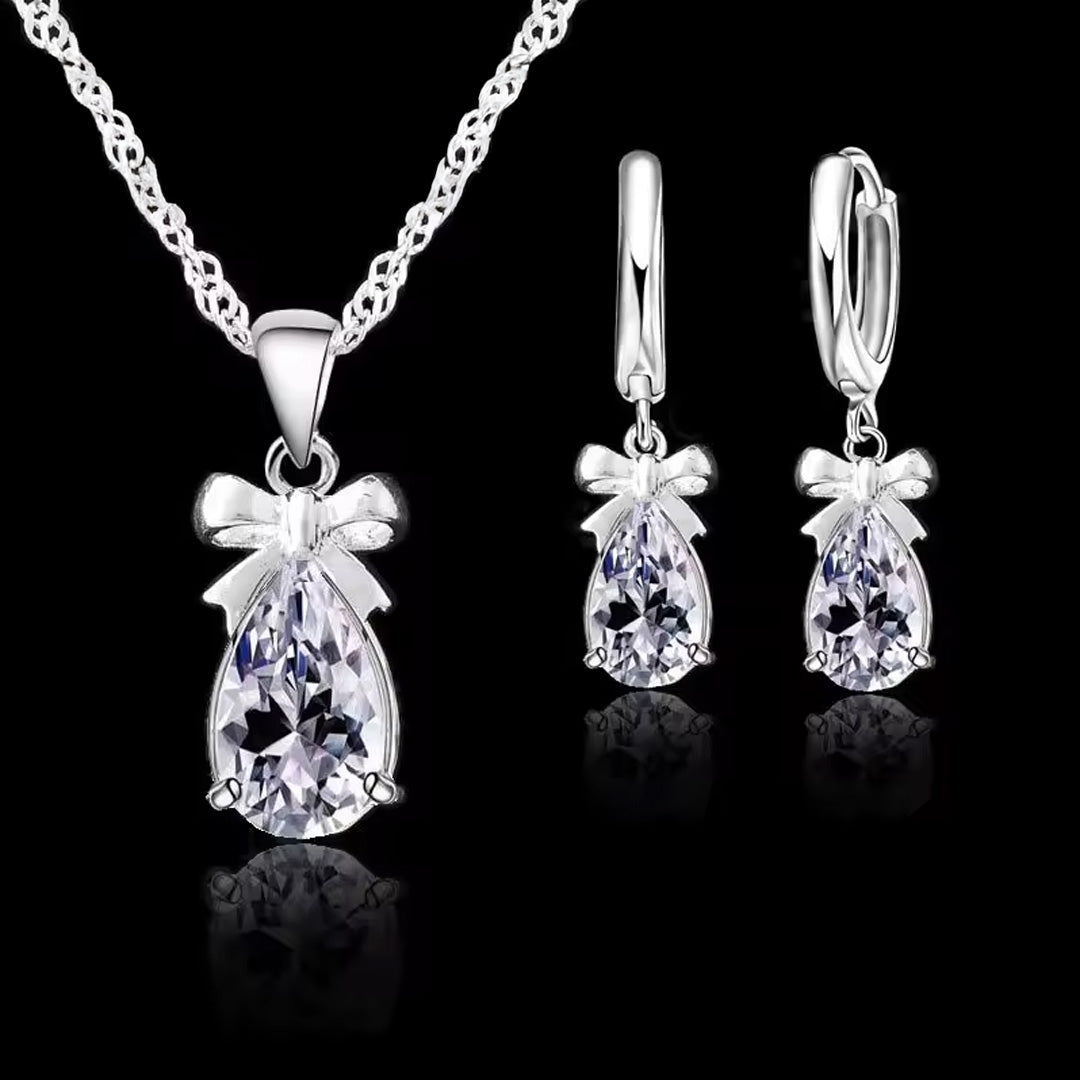 Women Elegant Waterdrop Rhinestone Pendant Necklace & Hook Earrings Jewelry Set of 3