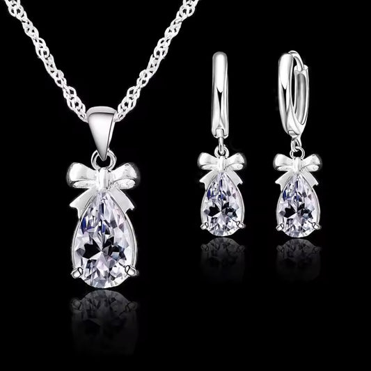 Women Elegant Waterdrop Rhinestone Pendant Necklace & Hook Earrings Jewelry Set of 3