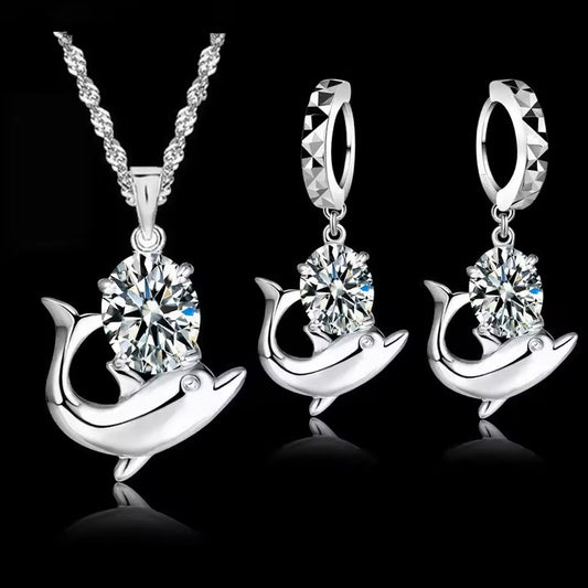 Women Elegant Waterdrop Rhinestone Pendant Necklace & Hook Earrings Jewelry Set of 3