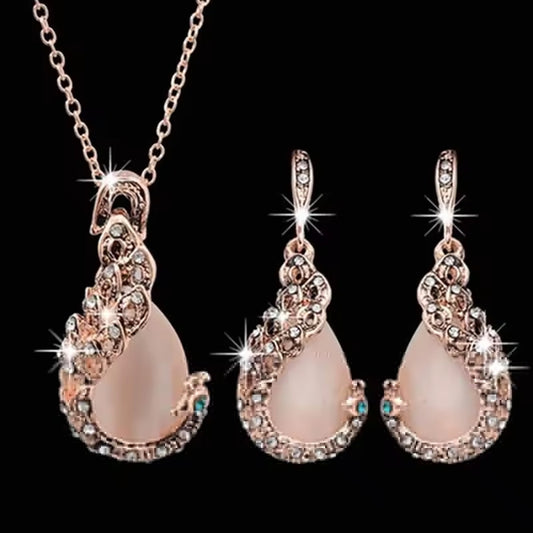Women Elegant Waterdrop Rhinestone Pendant Necklace & Hook Earrings Jewelry Set of 3 pcs #2