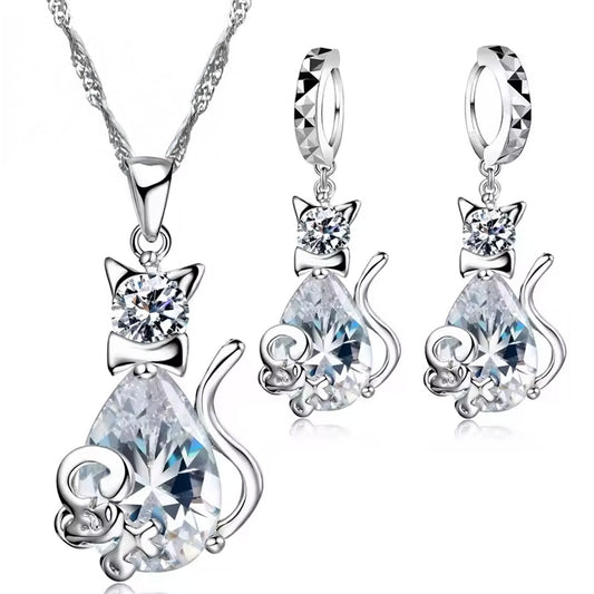 Women Elegant Waterdrop Rhinestone Pendant Necklace & Hook Earrings Jewelry Set of 3 pcs