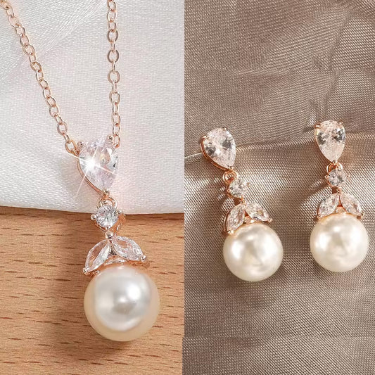Women Elegant Waterdrop Rhinestone Pendant Necklace & Hook Earrings Jewelry Set of 3