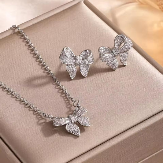 Women Elegant Waterdrop Rhinestone Pendant Necklace & Hook Earrings Jewelry Set of 3