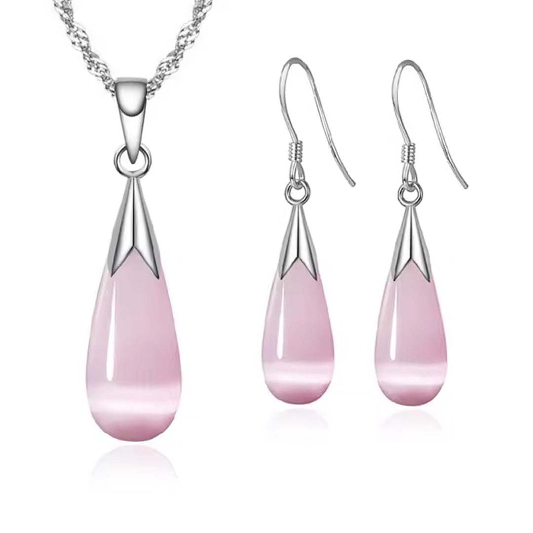 Women Elegant Waterdrop Rhinestone Pendant Necklace & Hook Earrings Jewelry Set of 3