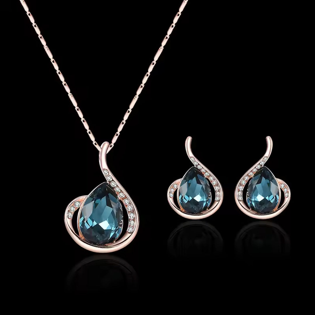 Women Elegant Waterdrop Rhinestone Pendant Necklace & Hook Earrings Jewelry Set of 3 pcs #4