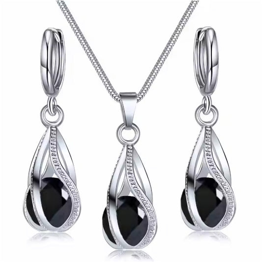 Women Elegant Waterdrop Rhinestone Pendant Necklace & Hook Earrings Jewelry Set of 3 pc