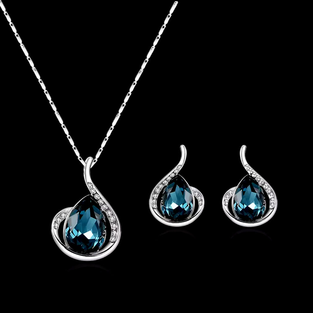 Women Elegant Waterdrop Rhinestone Pendant Necklace & Hook Earrings Jewelry Set of 3 pcs