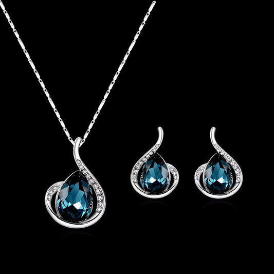 Women Elegant Waterdrop Rhinestone Pendant Necklace & Hook Earrings Jewelry Set of 3 pcs
