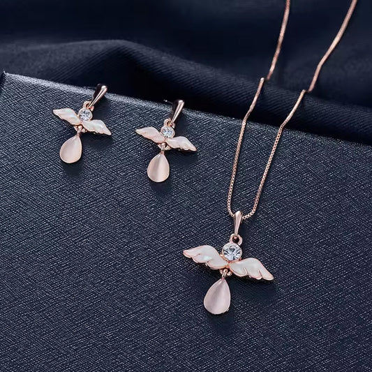 Women Elegant Waterdrop Rhinestone Pendant Necklace & Hook Earrings Jewelry Set of 3 pcs