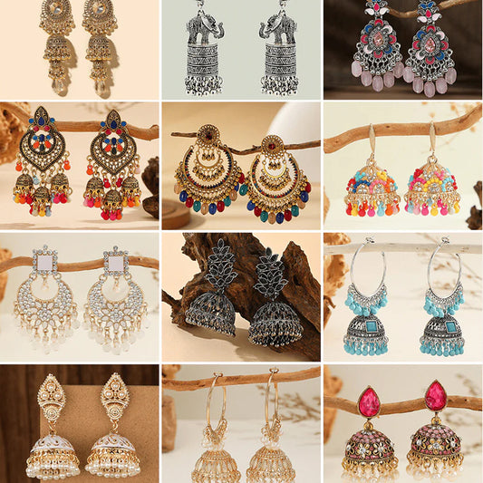 Opulent Echoes Collection - Pack Of 12 Pair Multicolor Jhumka Earrings #17