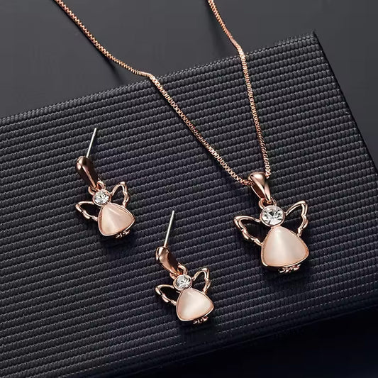 Women Elegant Waterdrop Rhinestone Pendant Necklace & Hook Earrings Jewelry Set of 3 pcs