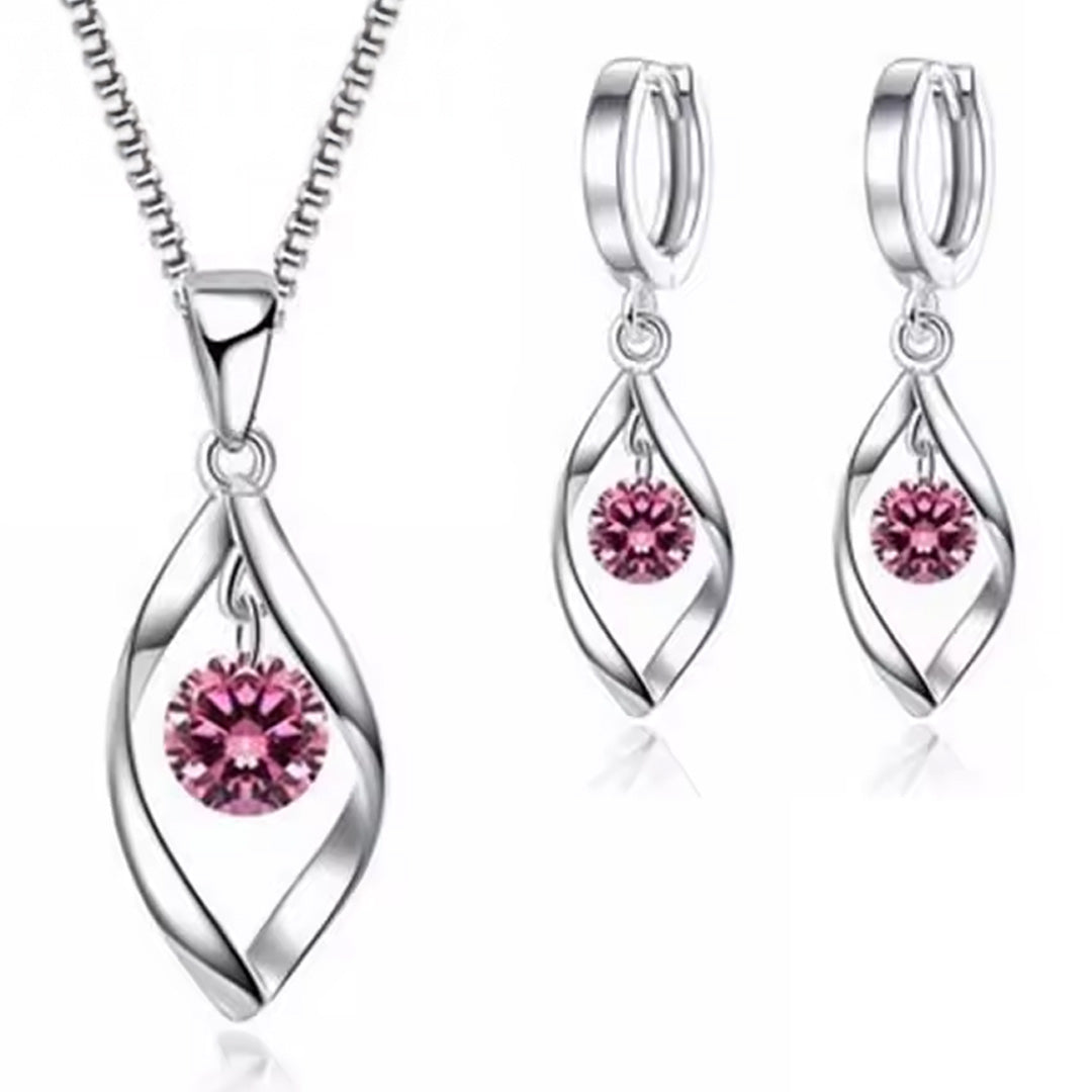 Women Elegant Waterdrop Rhinestone Pendant Necklace & Hook Earrings Jewelry Set of 3