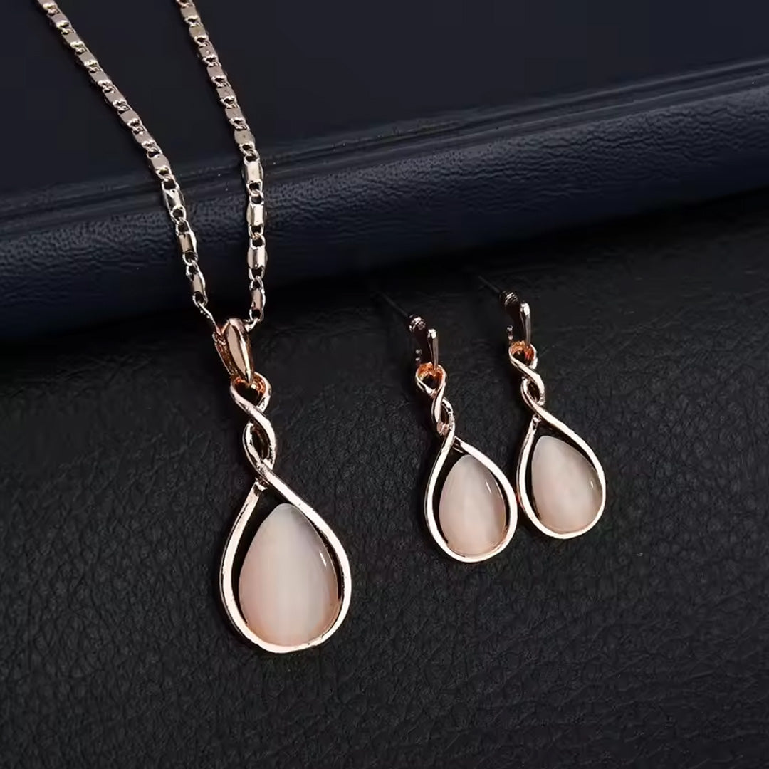 Women Elegant Waterdrop Rhinestone Pendant Necklace & Hook Earrings Jewelry Set of 3 pcs