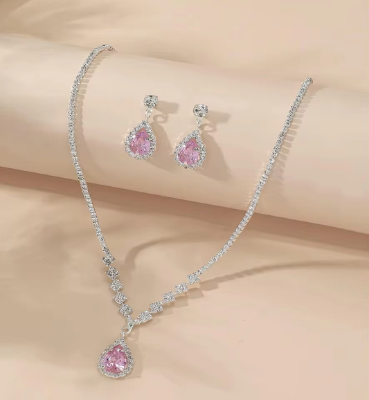 Women Elegant Waterdrop Rhinestone Pendant Necklace & Hook Earrings Jewelry Set of 3