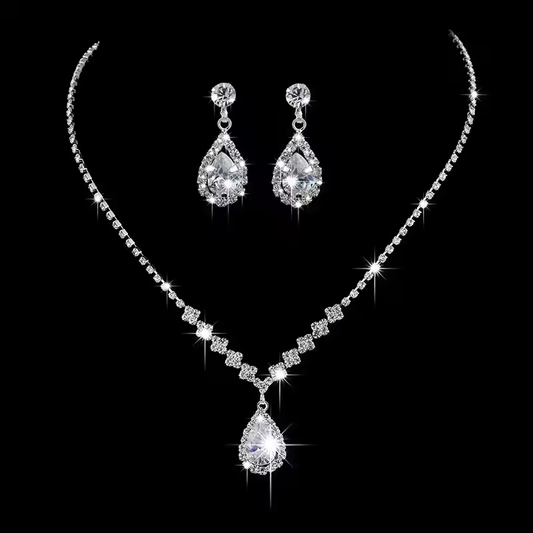Women Elegant Waterdrop Rhinestone Pendant Necklace & Hook Earrings Jewelry Set of 3
