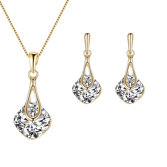 Women Elegant Waterdrop Rhinestone Pendant Necklace & Hook Earrings Jewelry Set of 3