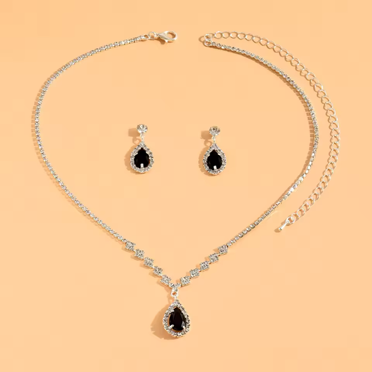 Women Elegant Waterdrop Rhinestone Pendant Necklace & Hook Earrings Jewelry Set of 3